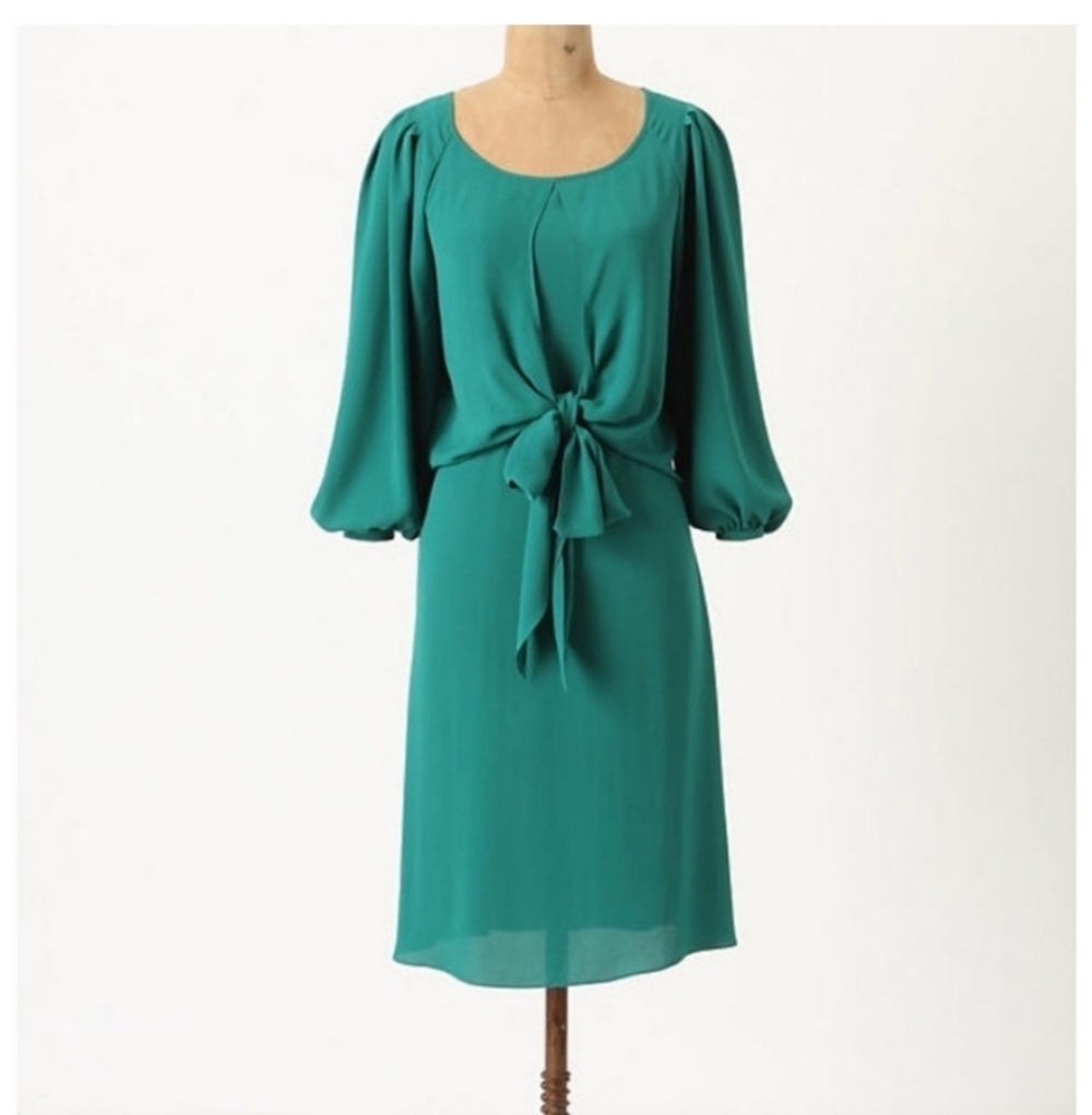 Anthro Maeve Emerald Green Valparaiso Bow Tie Front Dress.    Size 0P